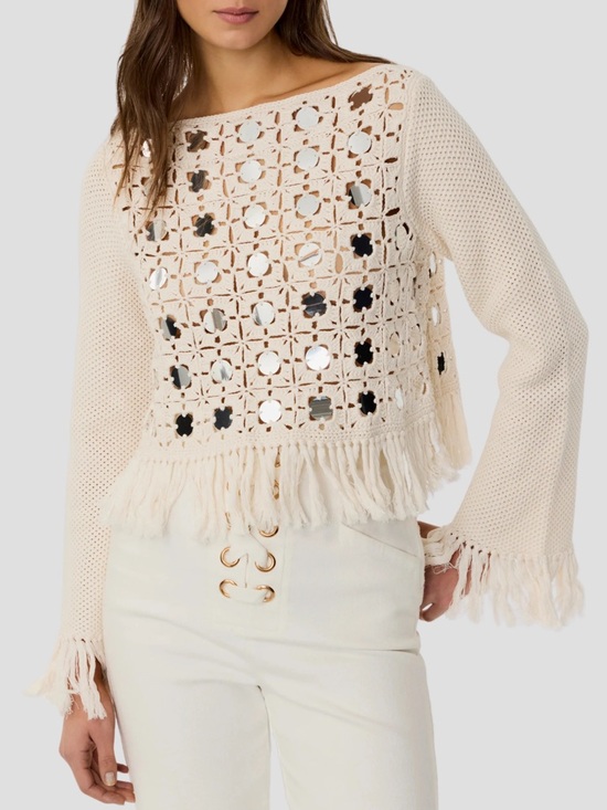 Toccin Sweaters - 🌞 Toccin Camilla Mirrored Crochet Fringe Sweater Top Cream Off-White Large L